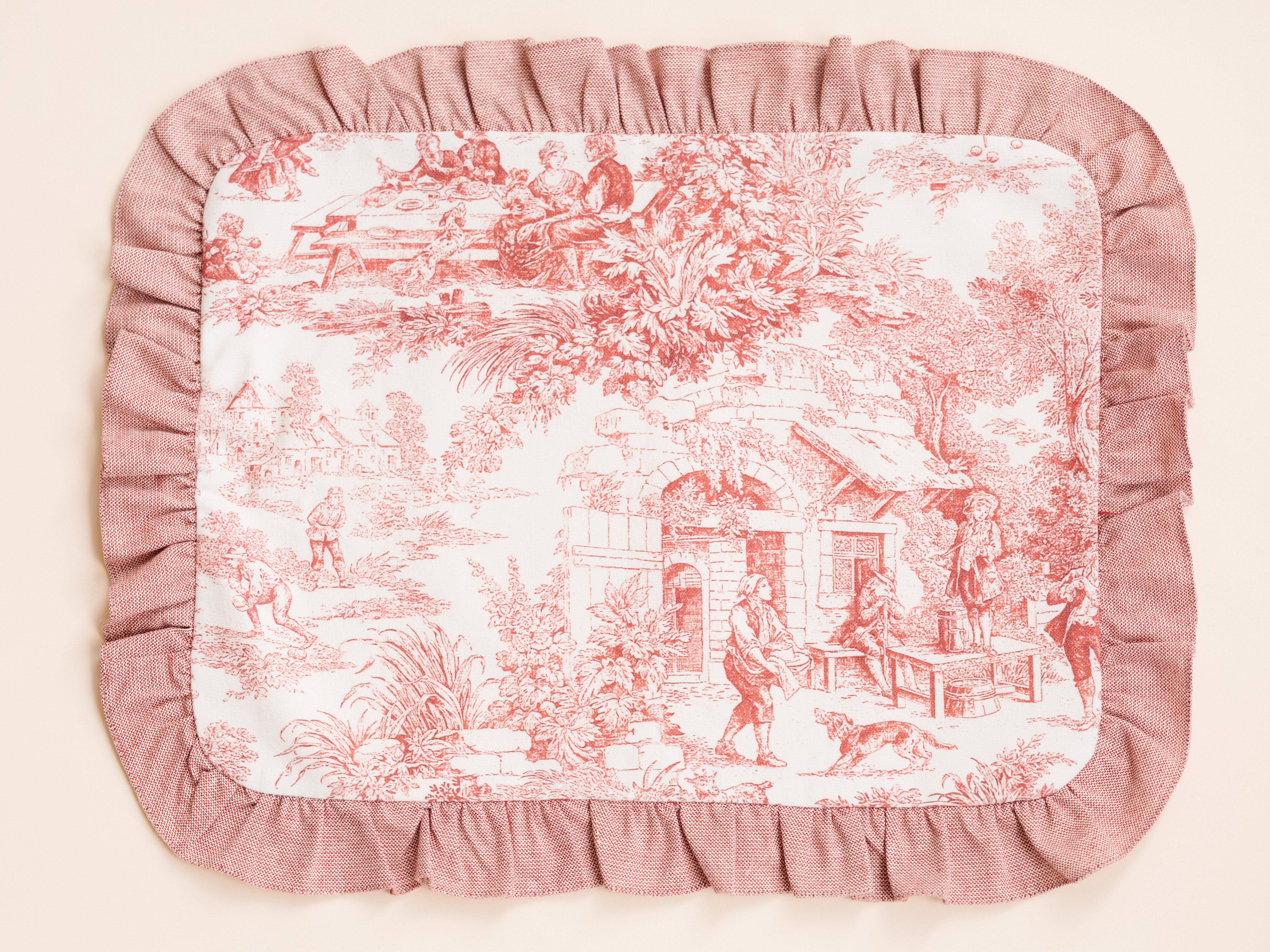 Rectangular Red Toile de Jouy Placemat with Ruffled Edge